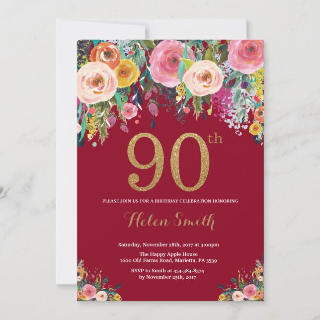 Bourgogne Floral 90e Anniversaire Invitation Or (Devant)
