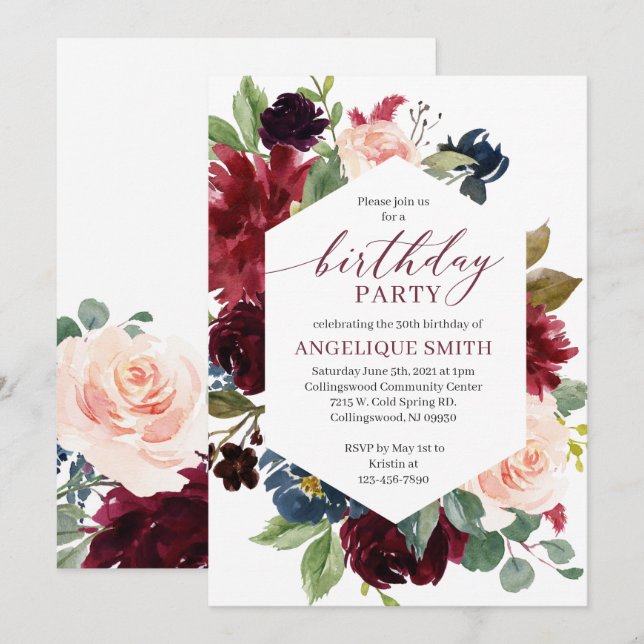 Bourgogne Floral Anniversaire Invitation Adulte (Devant / Derrière)