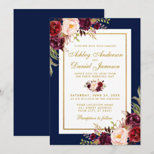 Bourgogne Floral Blue Gold Mariage Invitation