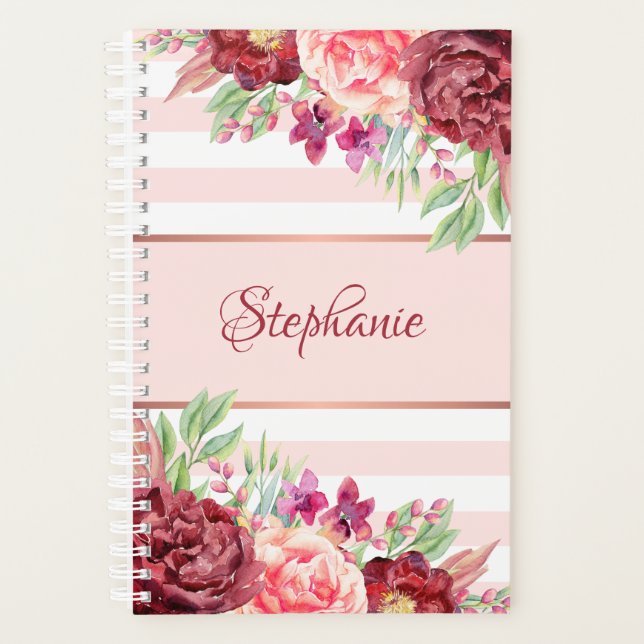 Bourgogne Floral Blush Pink Stripes Monogramme (Devant)