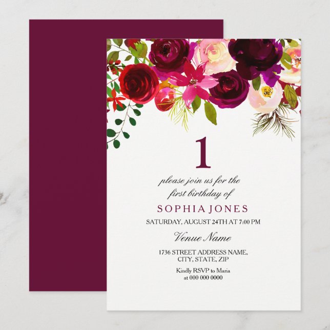 Bourgogne Floral Boho 1er anniversaire Invitation  (Devant / Derrière)