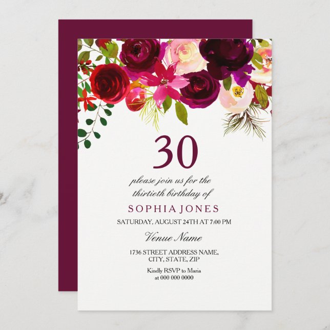 Bourgogne Floral Boho 30e anniversaire Invitation  (Devant / Derrière)