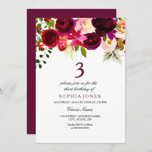 Bourgogne Floral Boho 3e anniversaire Invitation d