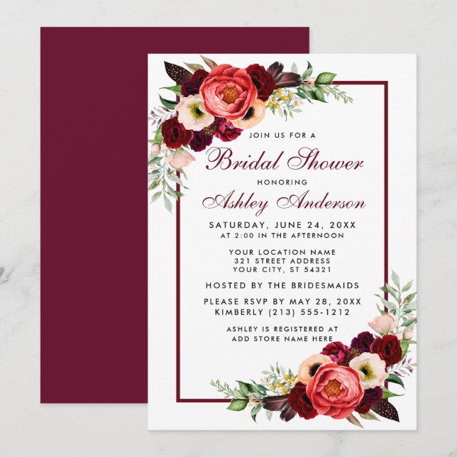 Bourgogne Floral Boho Fête des mariées Invitation  (Devant / Derrière)