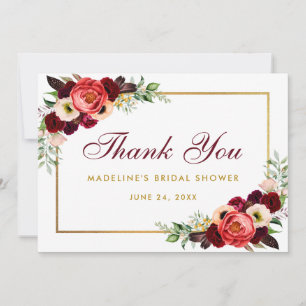 Bourgogne Floral Boho Fête des mariées Merci Carte