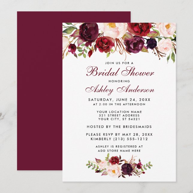 Bourgogne Floral Bridal Show Invitation BB (Devant / Derrière)