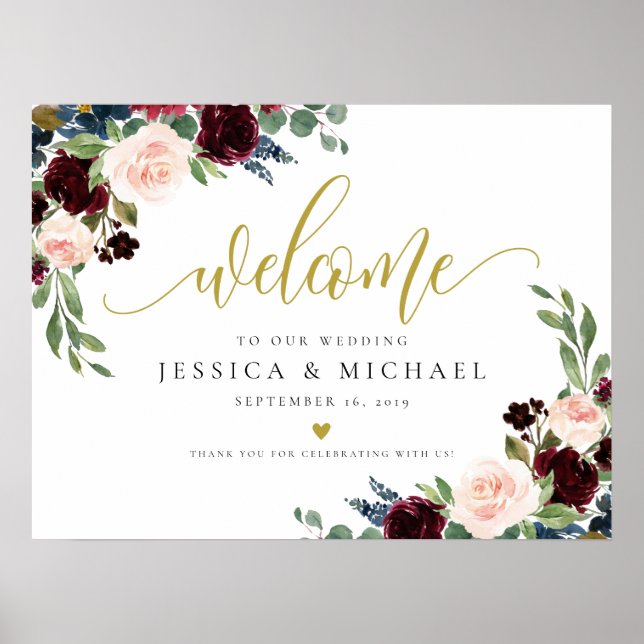 Bourgogne Floral calligraphie Mariage Affiche de b (Devant)