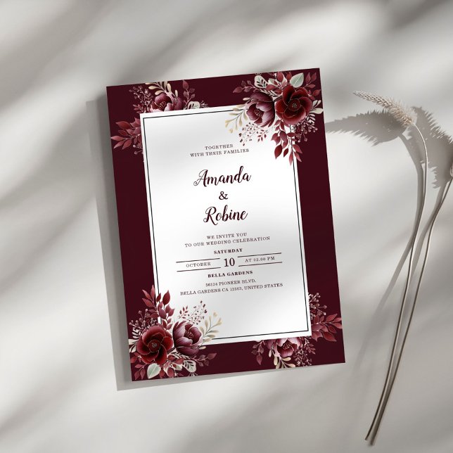 Bourgogne Floral Élégant Mariage Invitation (Créateur téléchargé)