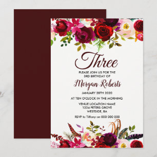 Bourgogne Floral Girls 3e anniversaire Invitation 