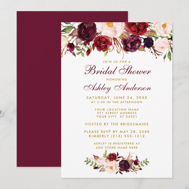 Bourgogne Floral Gold Bridal Invitation de douche  (Devant / Derrière)
