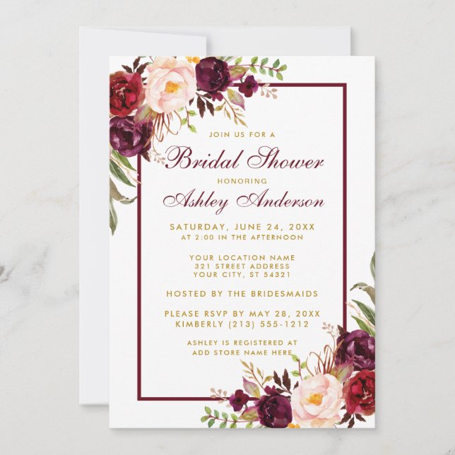 Bourgogne Floral Gold Bridal Invitation F (Devant)
