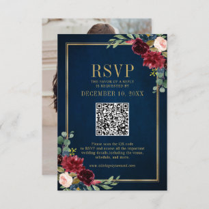 Bourgogne Floral Gold Frame Navy Blue QR code RSVP