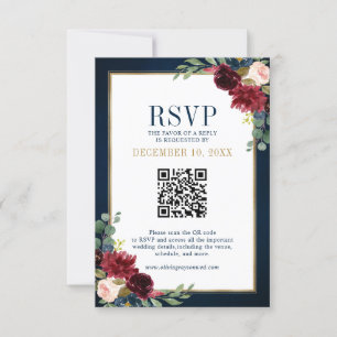 Bourgogne Floral Gold Frame Navy Blue QR code RSVP