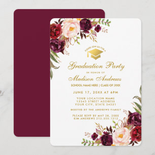 Bourgogne Floral Gold Graduation Party Invitation 