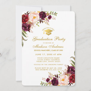 Bourgogne Floral Gold Graduation Party Invitation