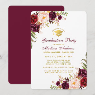 Bourgogne Floral Gold Graduation Party Invitation