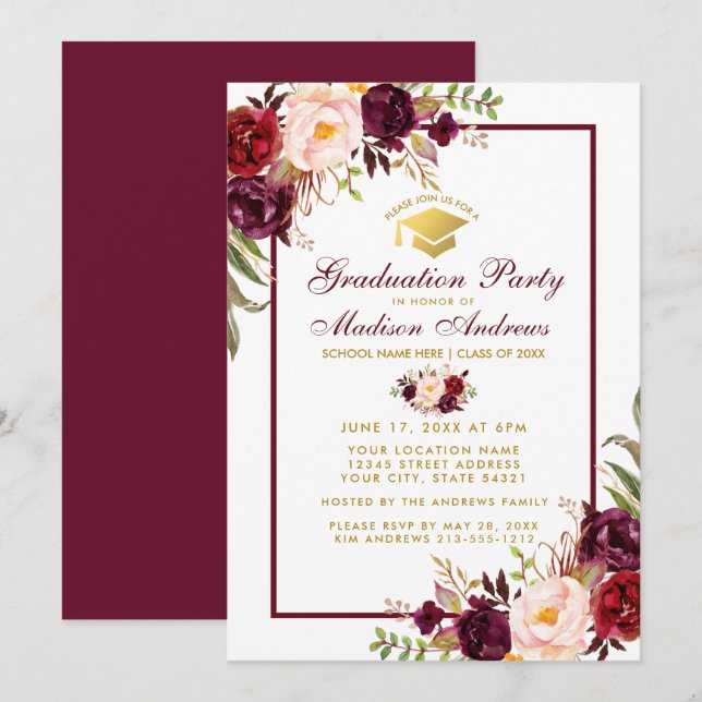 Bourgogne Floral Gold Party Invitation B (Devant / Derrière)