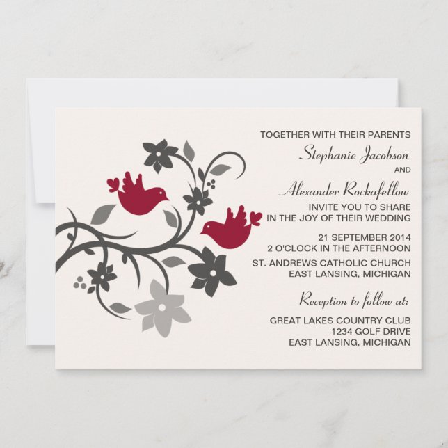 Bourgogne Floral Lovebirds Faire-part de mariage (Devant)