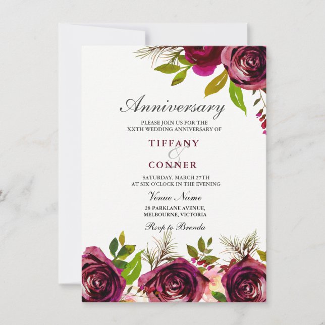 Bourgogne Floral Mariage Invitation à l'anniversai (Devant)