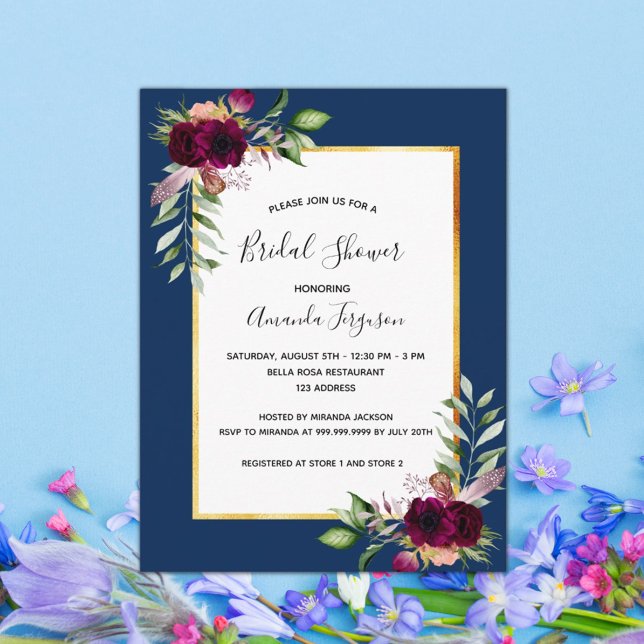 Bourgogne floral marine bleu nuptiale invitation (Créateur téléchargé)