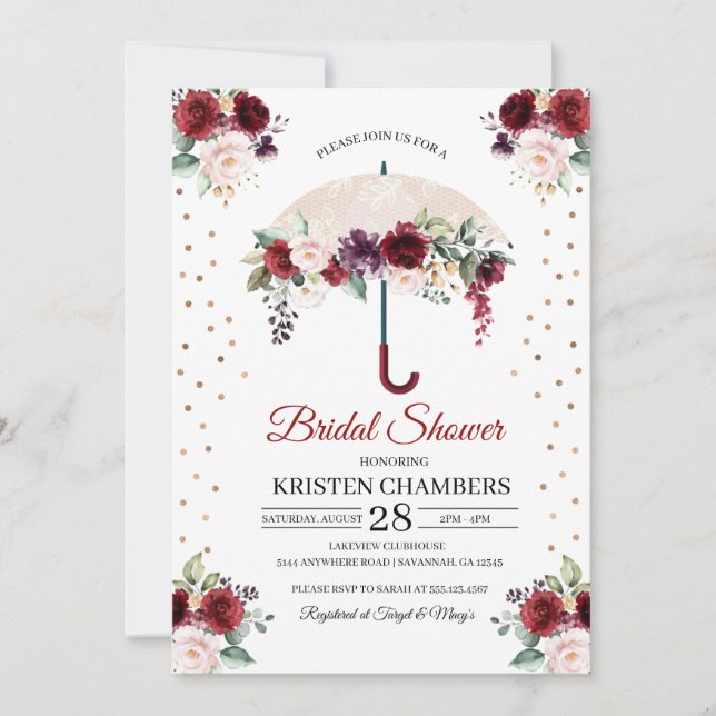 Bourgogne Floral Parapluie nuptiale Invitation à l (Devant)