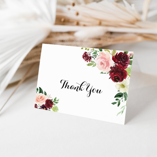 Bourgogne Floral plié Carte de remerciements Maria (Créateur téléchargé)
