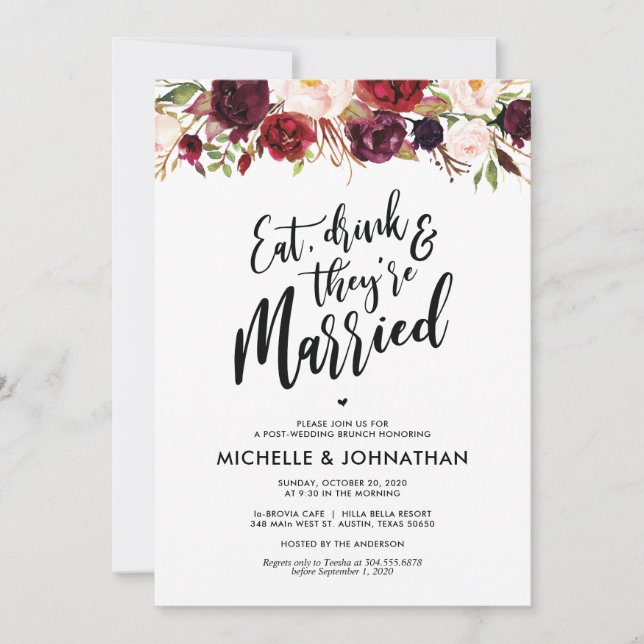 Bourgogne Floral Post Mariage Brunch Invitation (Devant)