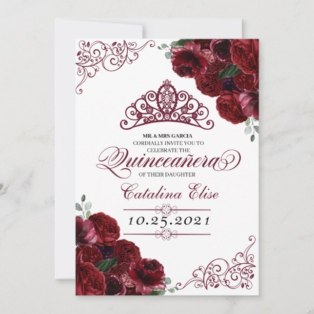 Bourgogne Floral Quinceanera Invitation Anniversai (Devant)