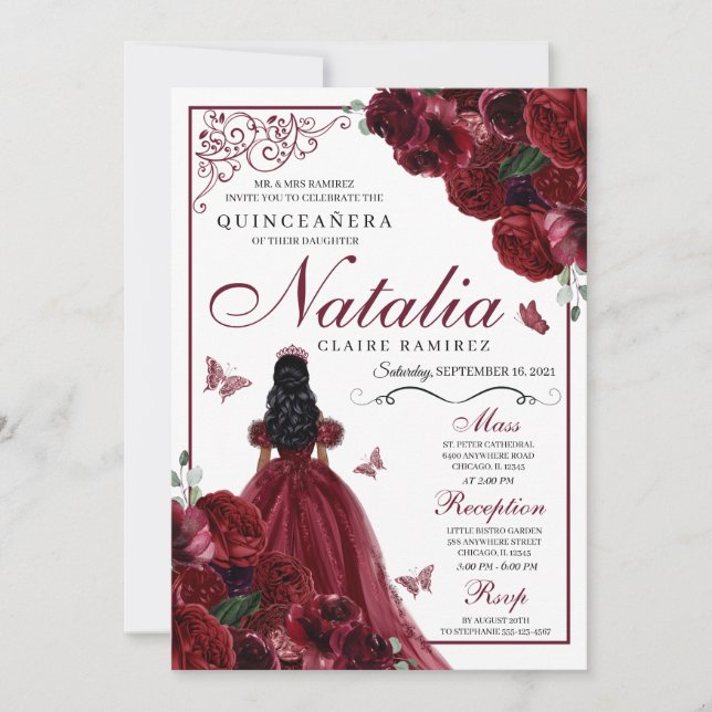 Bourgogne Floral Quinceanera Invitation Anniversai (Devant)