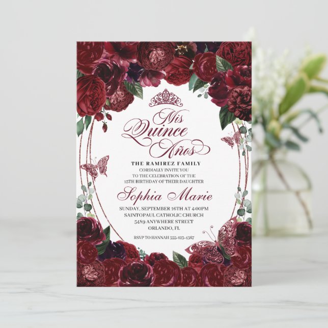 Bourgogne Floral Quinceanera Invitation Anniversai (Debout devant)