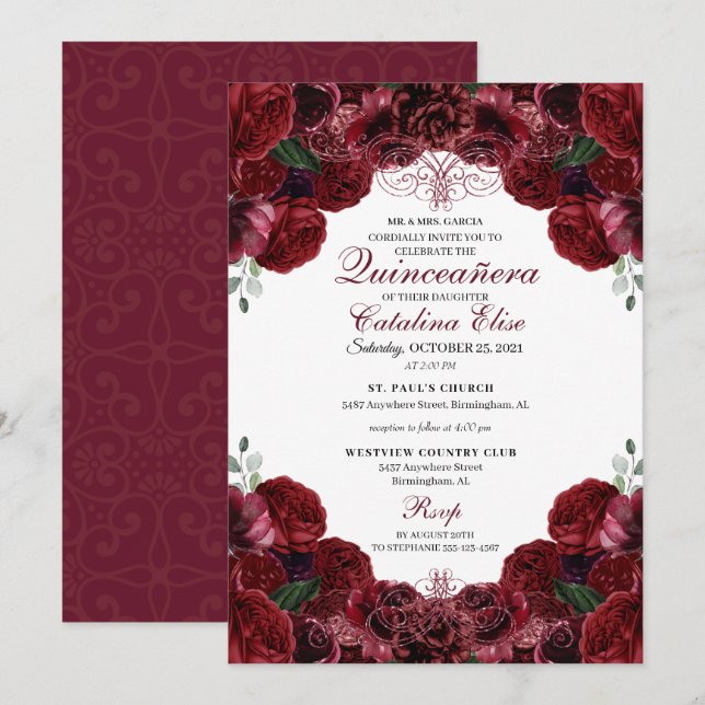 Bourgogne Floral Quinceanera Invitation Anniversai (Devant / Derrière)
