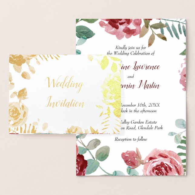 Bourgogne Floral Rose Gold Foil Invitations de mar (Affichage)