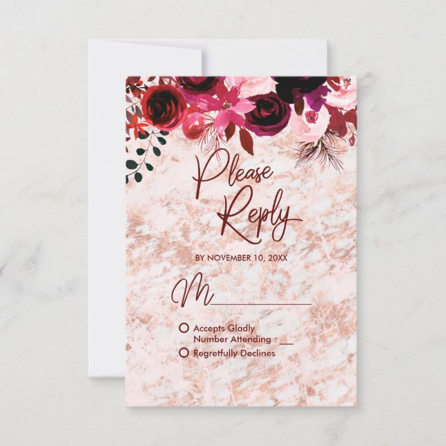 Bourgogne Floral & Rose Gold Mariage Réponse RSVP (Devant)