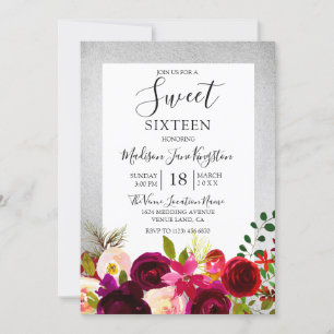 Bourgogne Floral Silver Sweet 16 Party Invitation