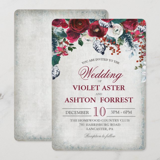 Bourgogne Floral Winter Wedding Invitation (Devant / Derrière)