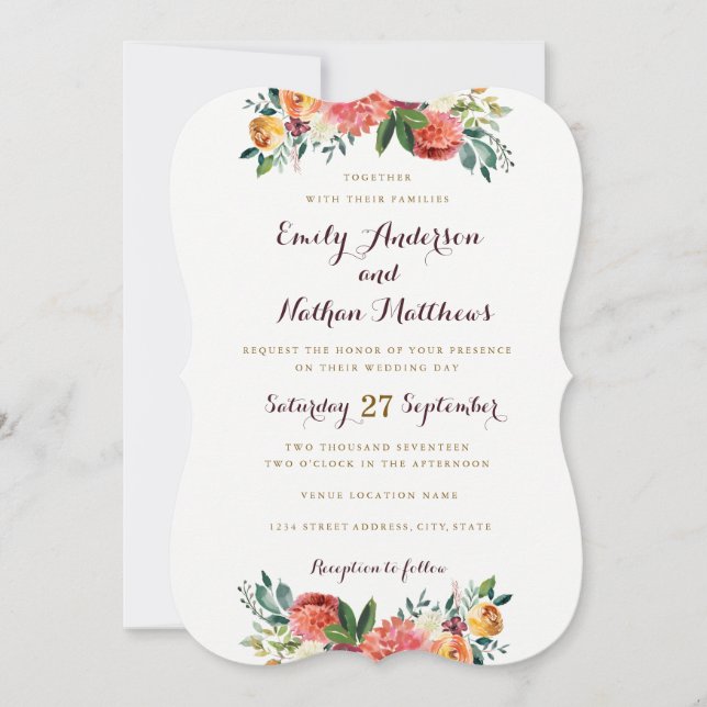 Bourgogne Gold Floral Faire-part de mariage (Devant)