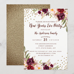 Bourgogne Gold Floral Nouvel An Invitation de la S
