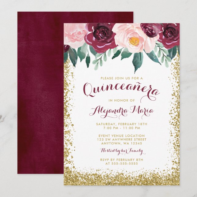Bourgogne Gold Floral Quinceanera Invitations (Devant / Derrière)