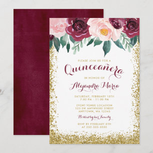 Bourgogne Gold Floral Quinceanera Invitations