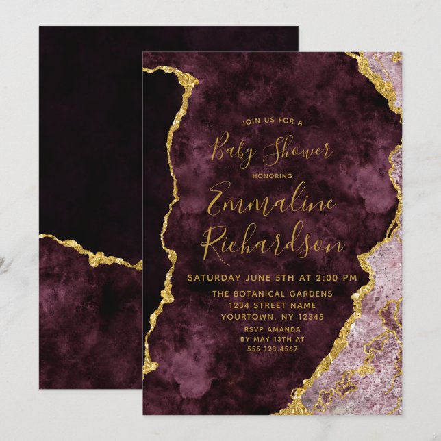 Bourgogne & Gold Foil Agate Baby shower Invitation (Devant / Derrière)
