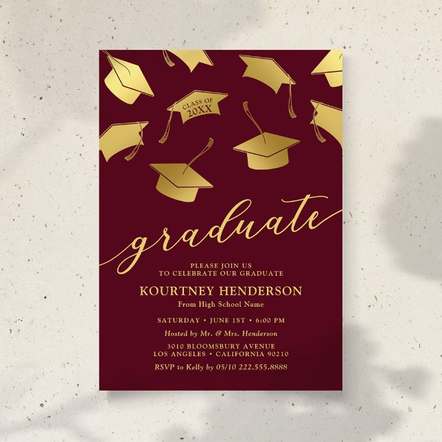 Bourgogne Gold Graduation Party Invitations (Créateur téléchargé)