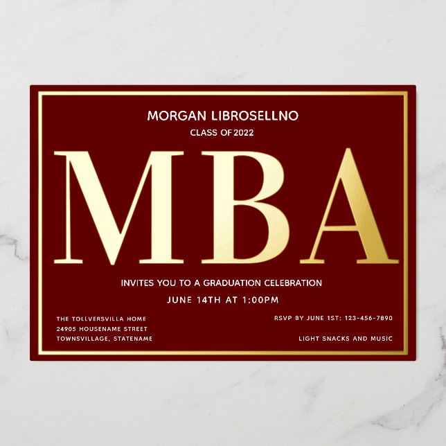 Bourgogne Gold MBA Graduation Foil Invitation (Recto)