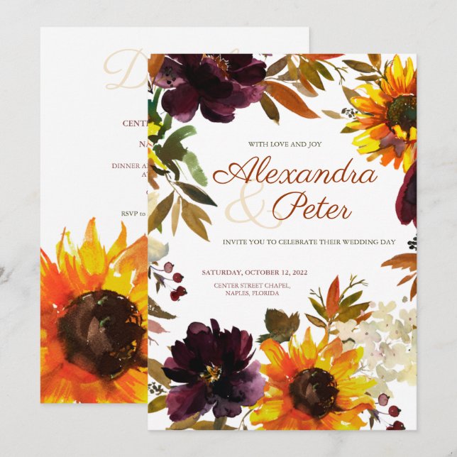 Bourgogne & Gold Sunflower Invitations de mariage (Devant / Derrière)