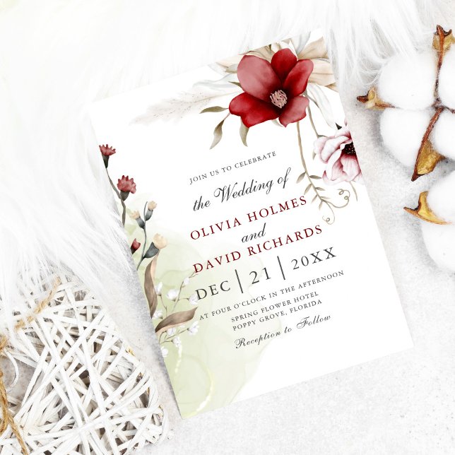 Bourgogne Hiver Elegance Faire-part de mariage (Modern winter wedding invitation on white cozy background with cotton flowers)