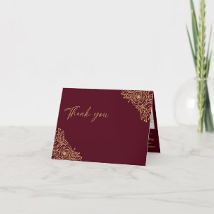 Bourgogne Mariage floral or plié Carte de remercie