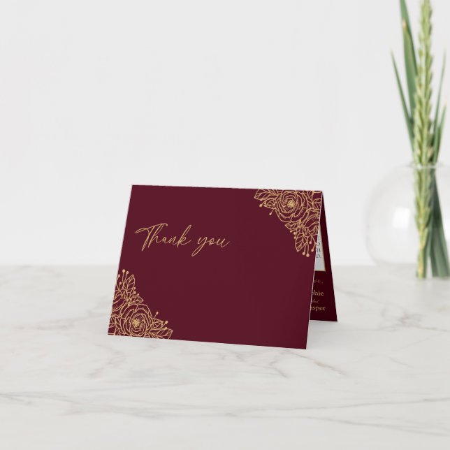 Bourgogne Mariage floral or plié Carte de remercie (Devant)