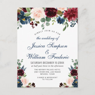 Bourgogne Marine Blush Floral Wedding Invitations