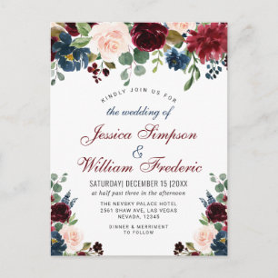 Bourgogne Marine Blush Floral Wedding Invitations