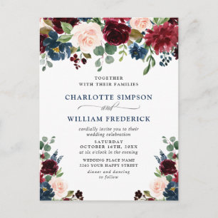 Bourgogne Marine Blush Floral Wedding Invitations