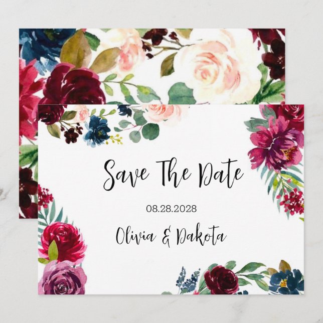 Bourgogne Marine Blush Peony Enregistrer Les Carte (Devant / Derrière)
